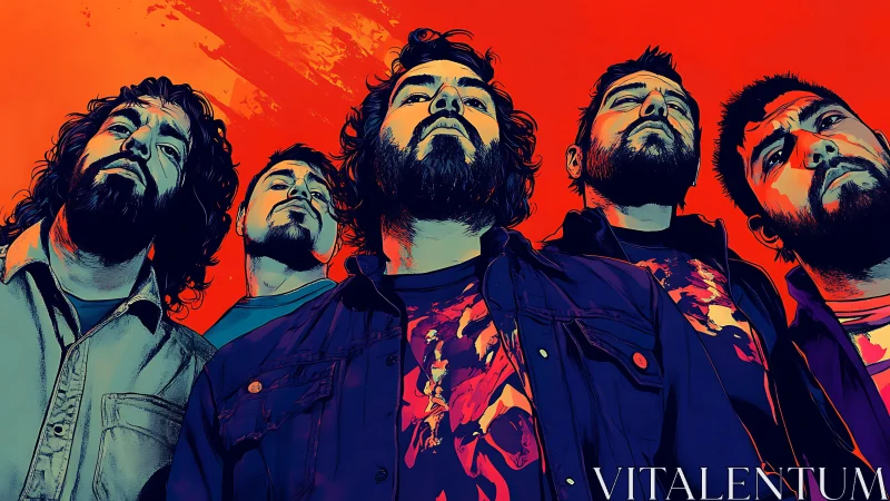 Bold band portrait bathed in fiery red and teal energy.