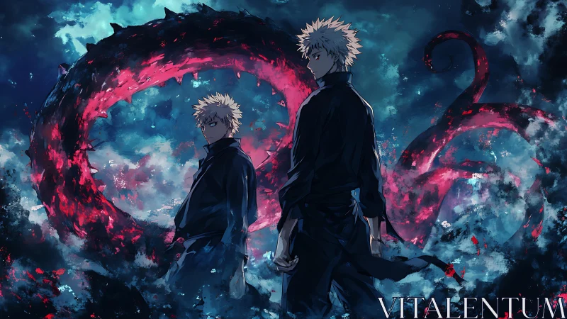 Dual figures before red serpentine energy arcs at night.