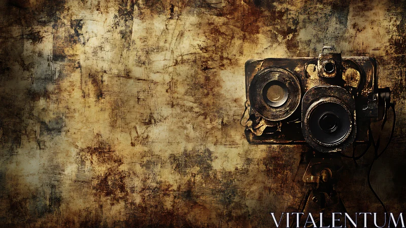 Vintage twin lens camera against distressed grunge wall.