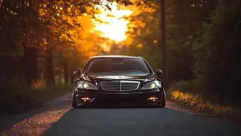Sunlit country lane welcomes a sleek black luxury sedan.