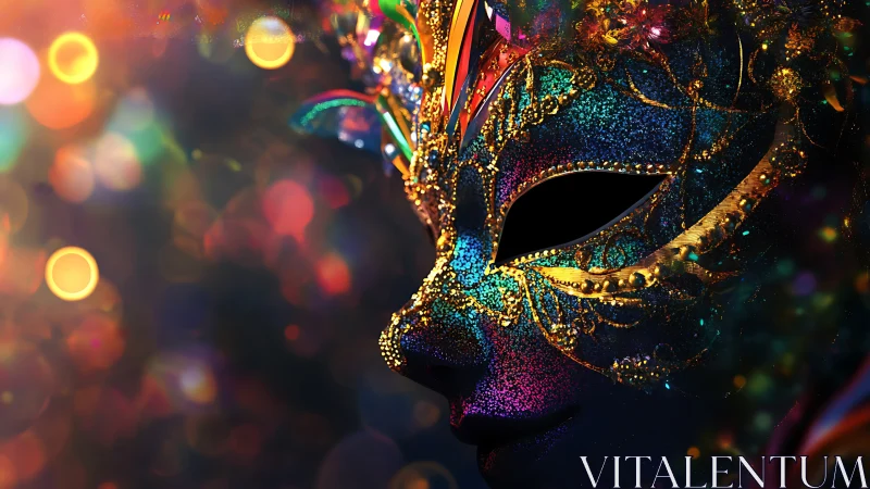 Glittering carnival mask with vibrant jeweled filigree.