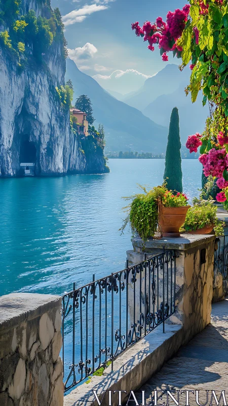 Lakeside terrace with flowers overlooking turquoise water.