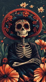Elegant D&iacute;a de los Muertos skeleton surrounded by flowers.