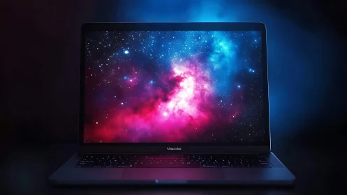 Nebula-lit laptop screen in dark studio glow at night.