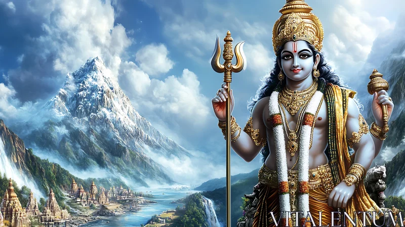 Hindu deity with trident before snowy mountainscape.