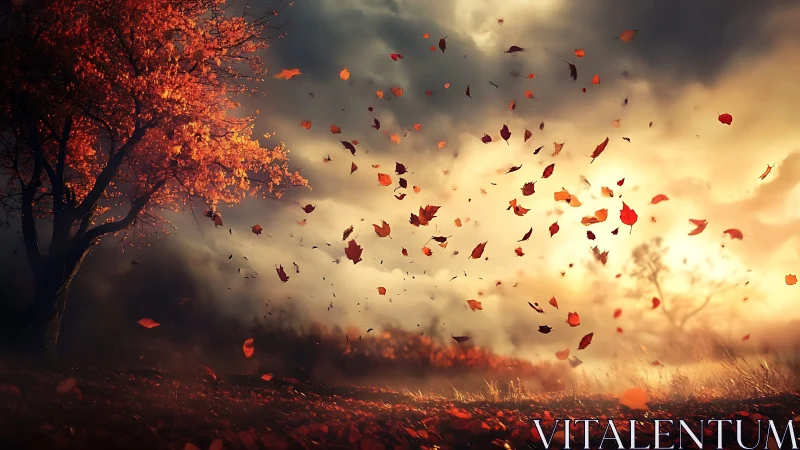 Autumn tree and windblown leaves under dramatic sky.