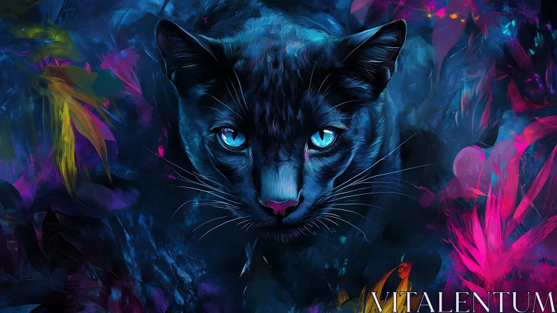 Cyan-eyed feline portrait with chromatic expressionistic brushwork.