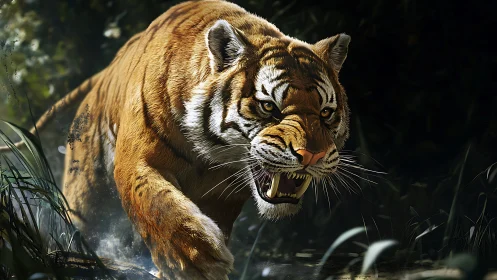 Snarling tiger advances through shadowed jungle undergrowth.