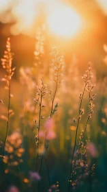 Golden sunset meadow with softly glowing wild grasses.