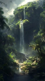 Hidden jungle waterfall sanctuary bathed in gentle sunlight.