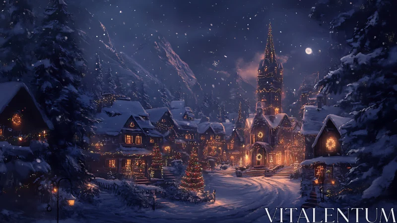 Snowy alpine village glowing with festive winter lights.