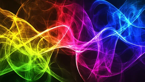 Vibrant neon light waves forming abstract rainbow flow.