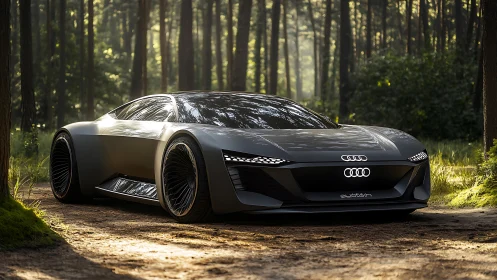 Forest-lit electric concept car lounges on a sun-dusted trail