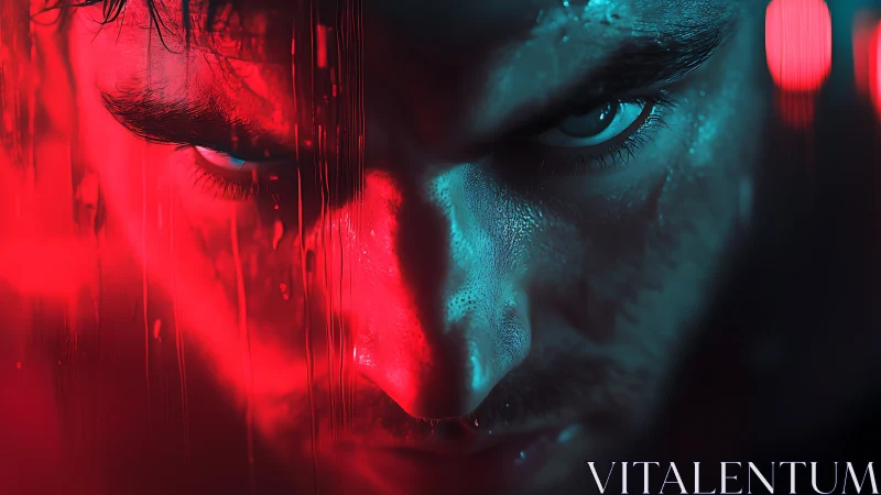 Neon lit stare in red and blue, intensity framed by shadow.