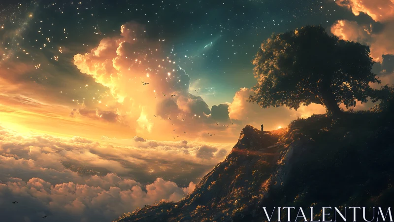 Lone figure watches celestial sunrise above glowing clouds