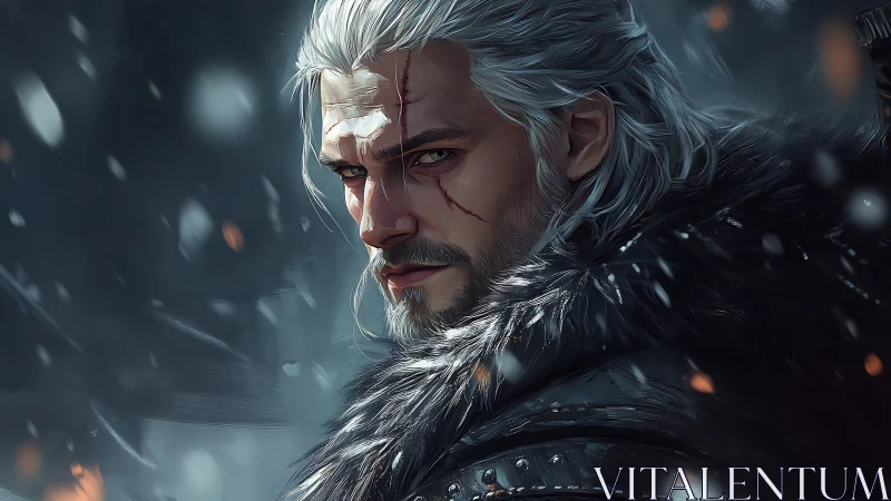 Scarred silver‑haired warrior glares through a stormy blizzard