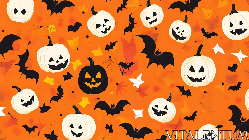 Playful jack-o-lanterns and bats dance on bright orange