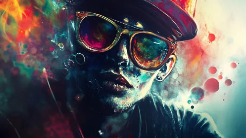 Portrait of person in sunglasses amid vivid abstract color flows