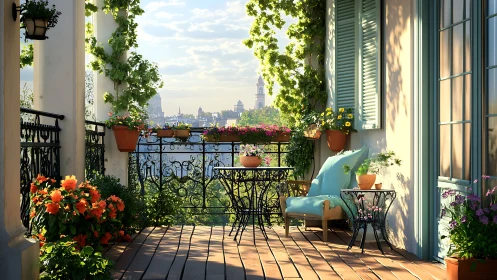 Sunlit urban balcony garden with wrought-iron detailing.