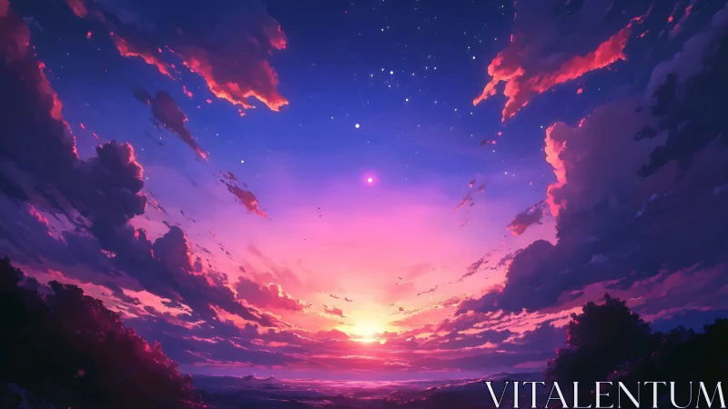 Glowing sunset sky gently melts into a dreamy starlit night
