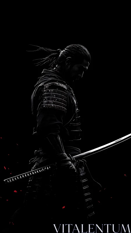 Backlit samurai silhouette with katana and red petal accents
