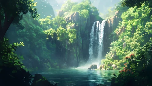 Luminous jungle waterfall with sunlit foliage and lagoon.
