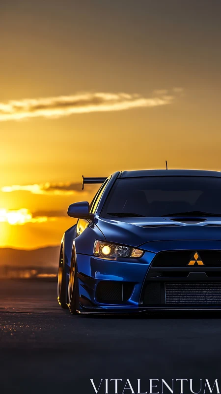 Blue performance car parked on open road at sunset.