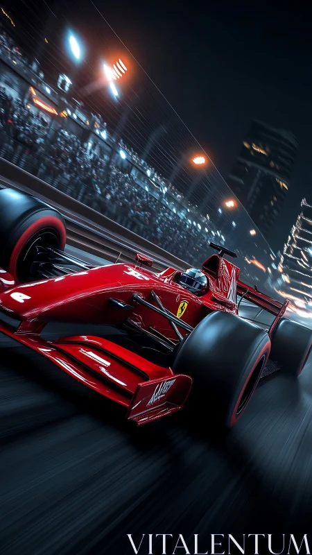 Night race rush with a red formula car in full flight.