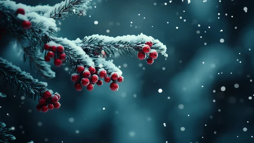 Snow covered evergreen branch holds bright red winter berries