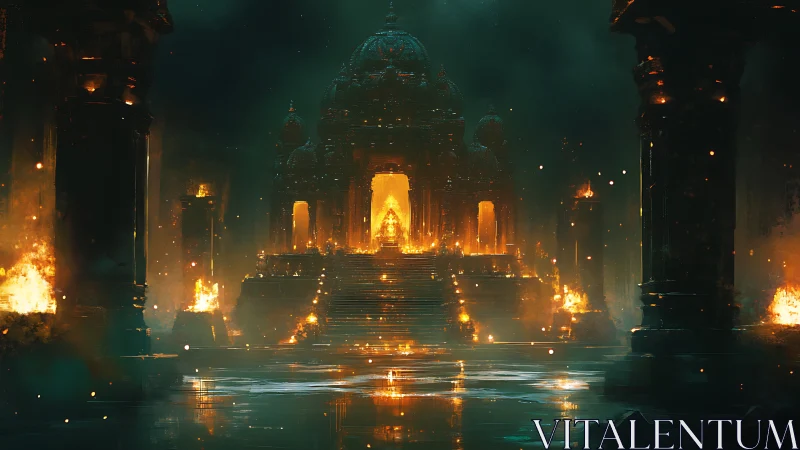 Luminous firelit temple rises through mist and shadow.