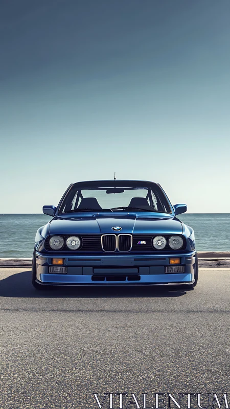 Front view of classic blue BMW M car by coastal roadway.