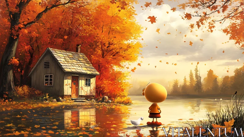 Autumn lakeside cabin with stylized figure under falling leaves