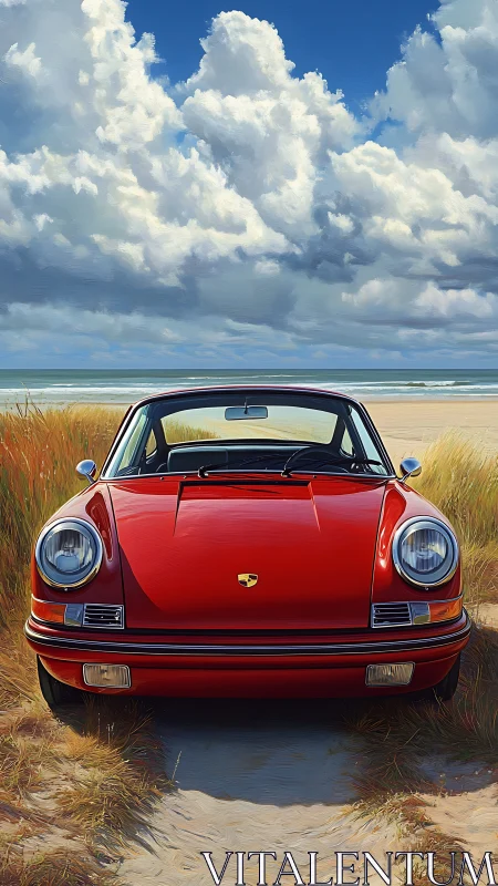 Sunlit red classic Porsche rests proudly by a quiet beach