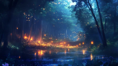 Enchanted forest river glows under drifting firelights.