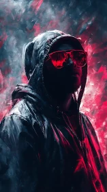 Hooded figure in neon red light radiates urban mystery