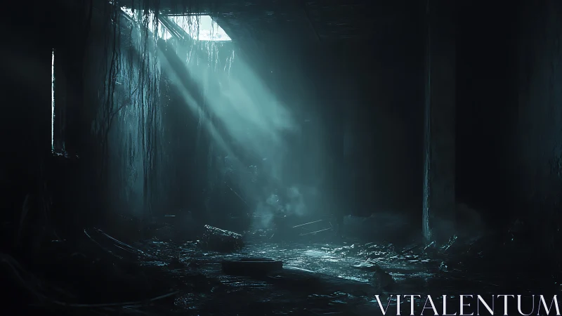 Cold light cuts through a ruined, mossy industrial corridor