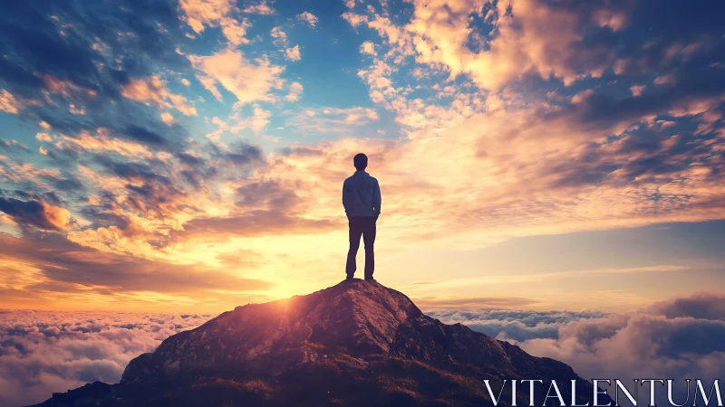 Solitary dreamer crowned by a wildfire sunrise sky.