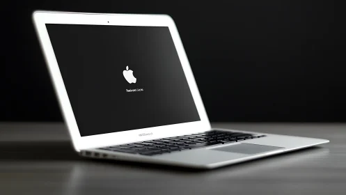 Photorealistic silver laptop in oblique desktop perspective.