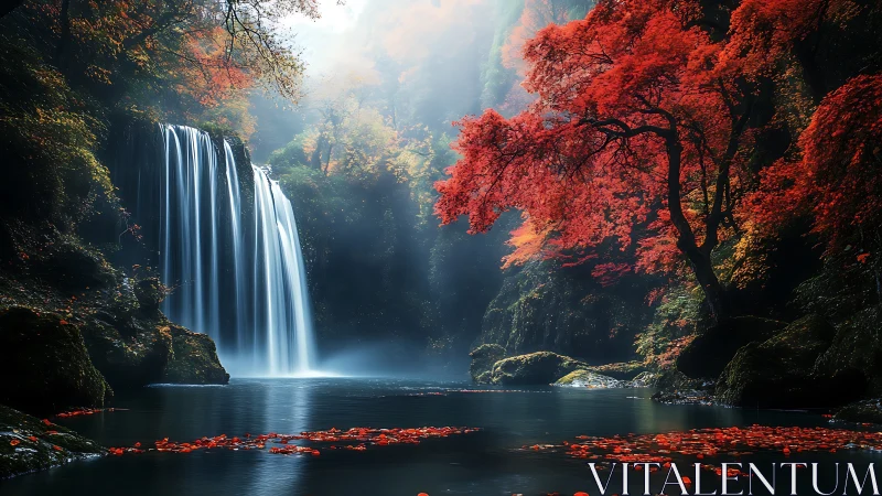 Digital painting of autumn waterfall with luminous red canopy.