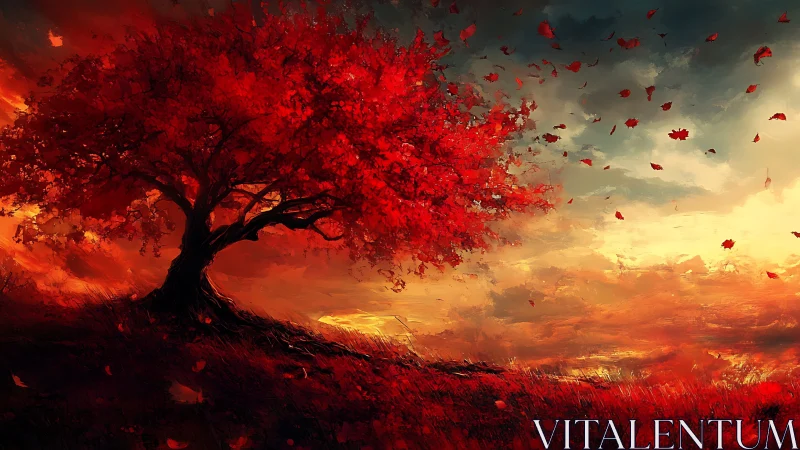 Crimson deciduous tree on windswept ridge at fiery sunset