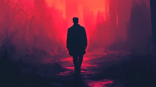 Solitary figure walks through neon crimson misted alley