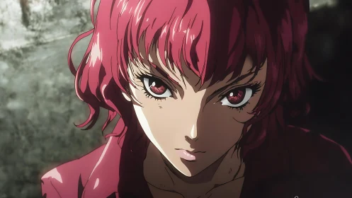 Red-haired anime character stares forward under hard lighting