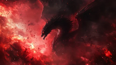 Volcanic nebula dragon rendered in high contrast chroma red.