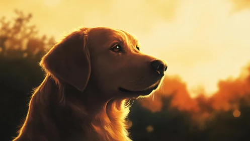 Golden retriever basking in soft, glowing evening light.