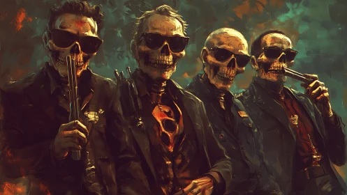 Skeletal mob enforcers in suits with pistols and shotguns poised.