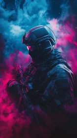 Tactical operator in neon volumetric smoke lighting study.