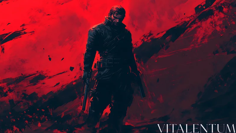 Gunmetal drifter strides through roaring crimson storm.