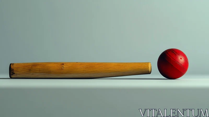 Wooden bat lies beside red ball on smooth gray surface