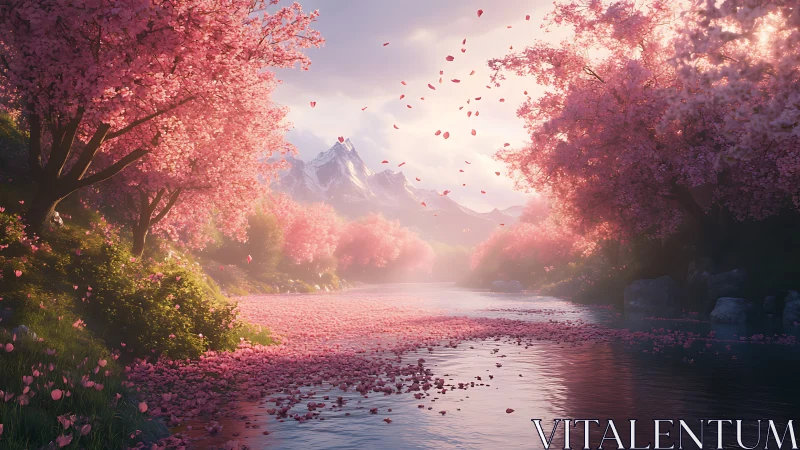 Cherry blossom river valley under glowing mountain light.