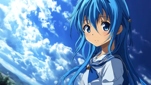 Blue-haired schoolgirl under dynamic summer sky portrait.